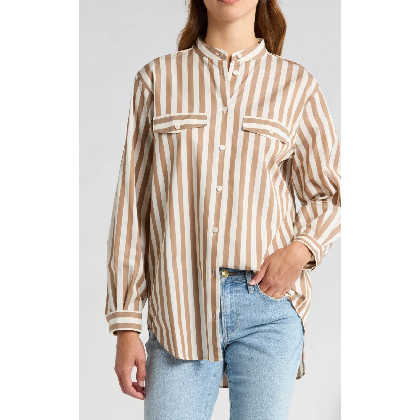 Frame Femme Pocket Shirt Mocha Multi Striped Band Collar Blouse Size M New